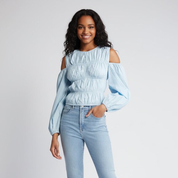 Topshop Shirred Poplin Off The Shoulder Blouse in Blue Size 4 - Picture 1 of 11